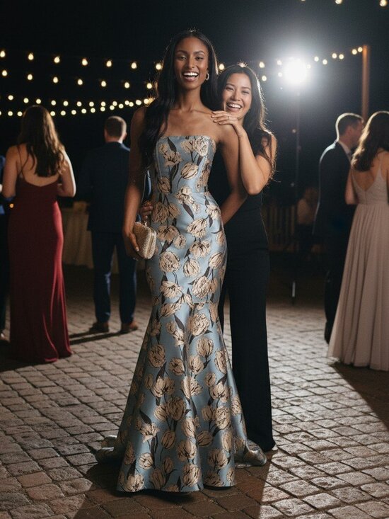 Lulus Dresses & Skirts - Lulus Gowning Around Slate Blue Floral Jacquard Strapless Maxi Dress NWT
